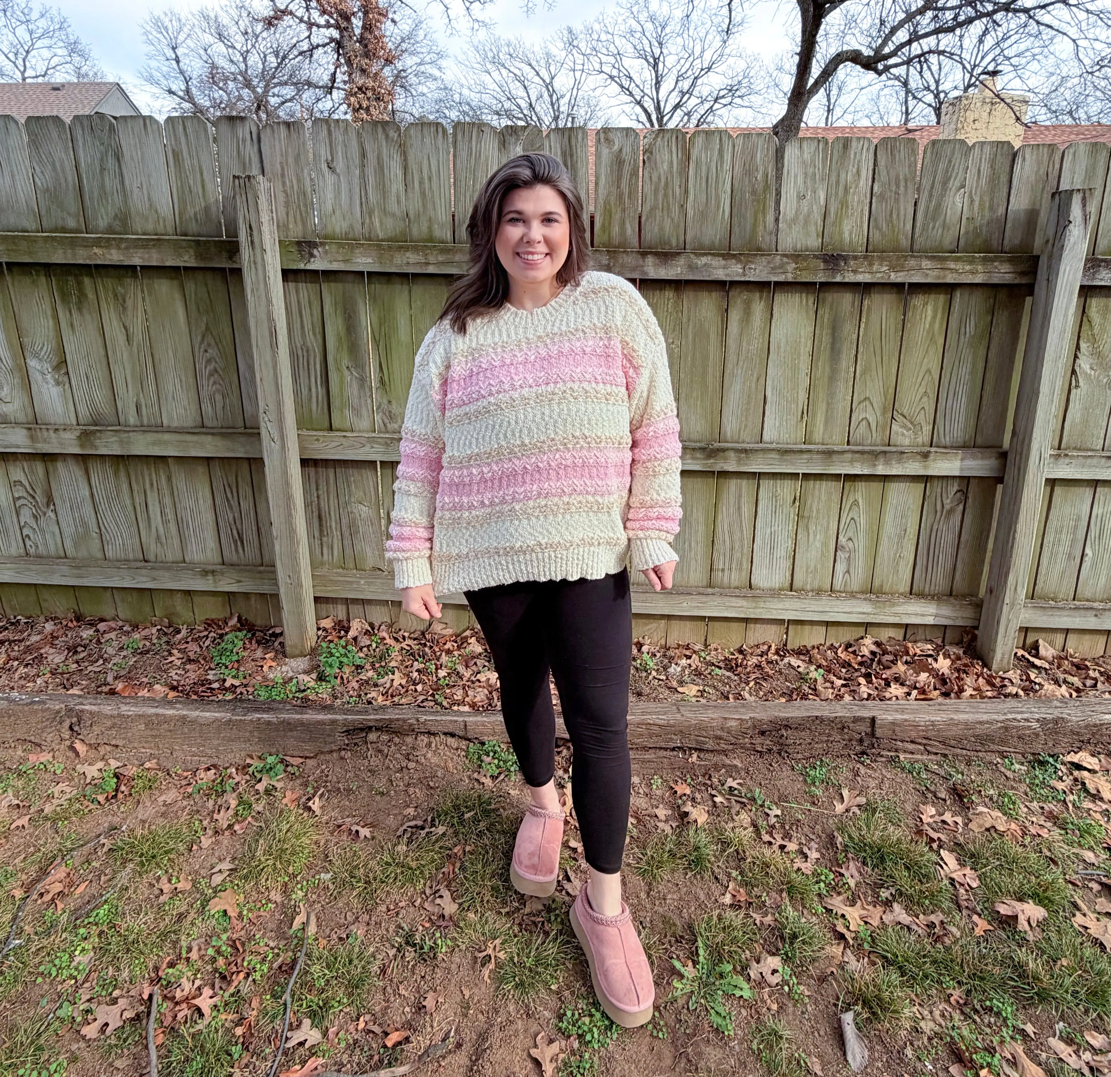 Fuzzy Color Block Knit Sweater-Pink