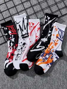 5 Pairs Men's Crew Socks, Colorful Street Style Graffiti, Comfortable Soft, Casual Fall & Winter, Random Colors, Daily Wear, Socks Set