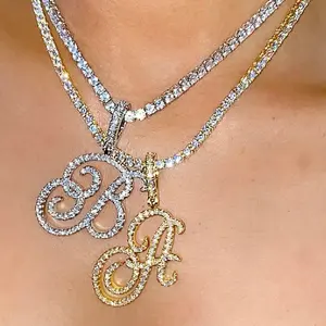 New A-Z Cursive Letter Name Pendant Necklace Iced with Pearlescent AAA+ Cubic Zirconia Gold Plated Alphabet Charm Hip Hop Jewelry