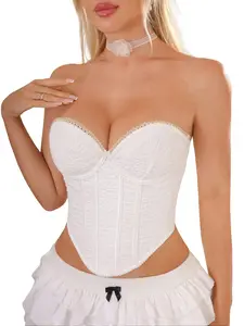 Bridal White Lace Bustier - Pearl Trim Strapless Bralette Corset for Wedding & Honeymoon