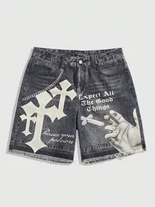 2026 New Men's Graphic Cross Print Washed Denim Jeans Shorts, Retro Loose Fit Five-Quarter Pants, American Faith Style, Campus, Date, Weekend, Daily Wear