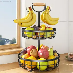 2-Tier Fruit Basket Bowl Vegetable Storage with Dual Banana Tree Hanger and Wooden carry Handle, Kitchen Countertop Metal Wire Basket for Bread Onions Potatoes Organiser HangablePulseTrail5AB13MaisonLuxe