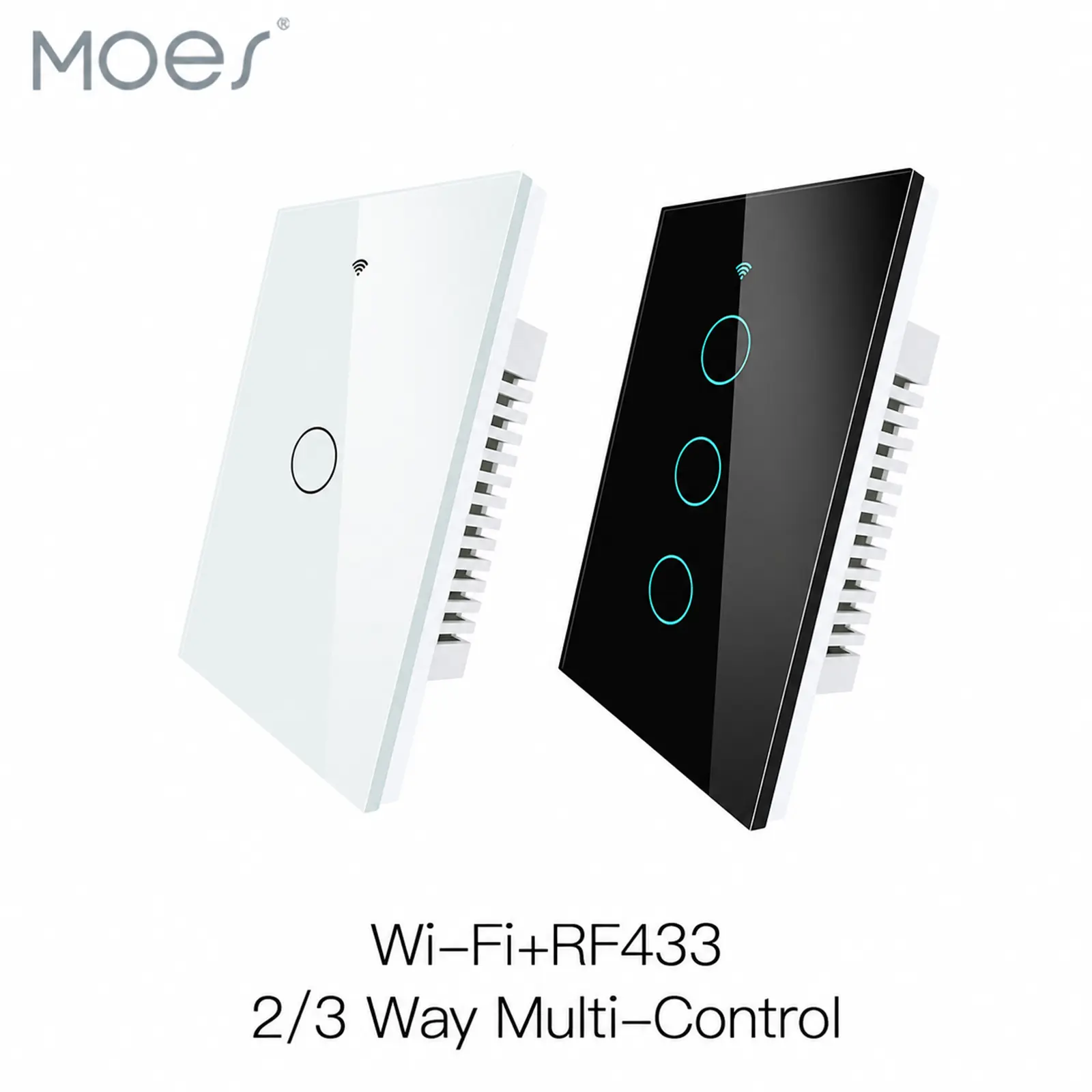 MOES US-Standard WiFi + RF Smart Wall Switch, 1/2/3/4 Gang Options, 2-Color Glass Panel, Neutral Wire Required, Multi-Control via MOES App, Compatible with Amazon Alexa & Google Home