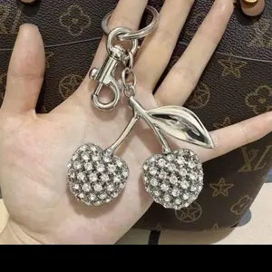 Cherry Keychain with Rhinestone Accents and Silver Leaf Charm for Stylish Accessory Alanhair23