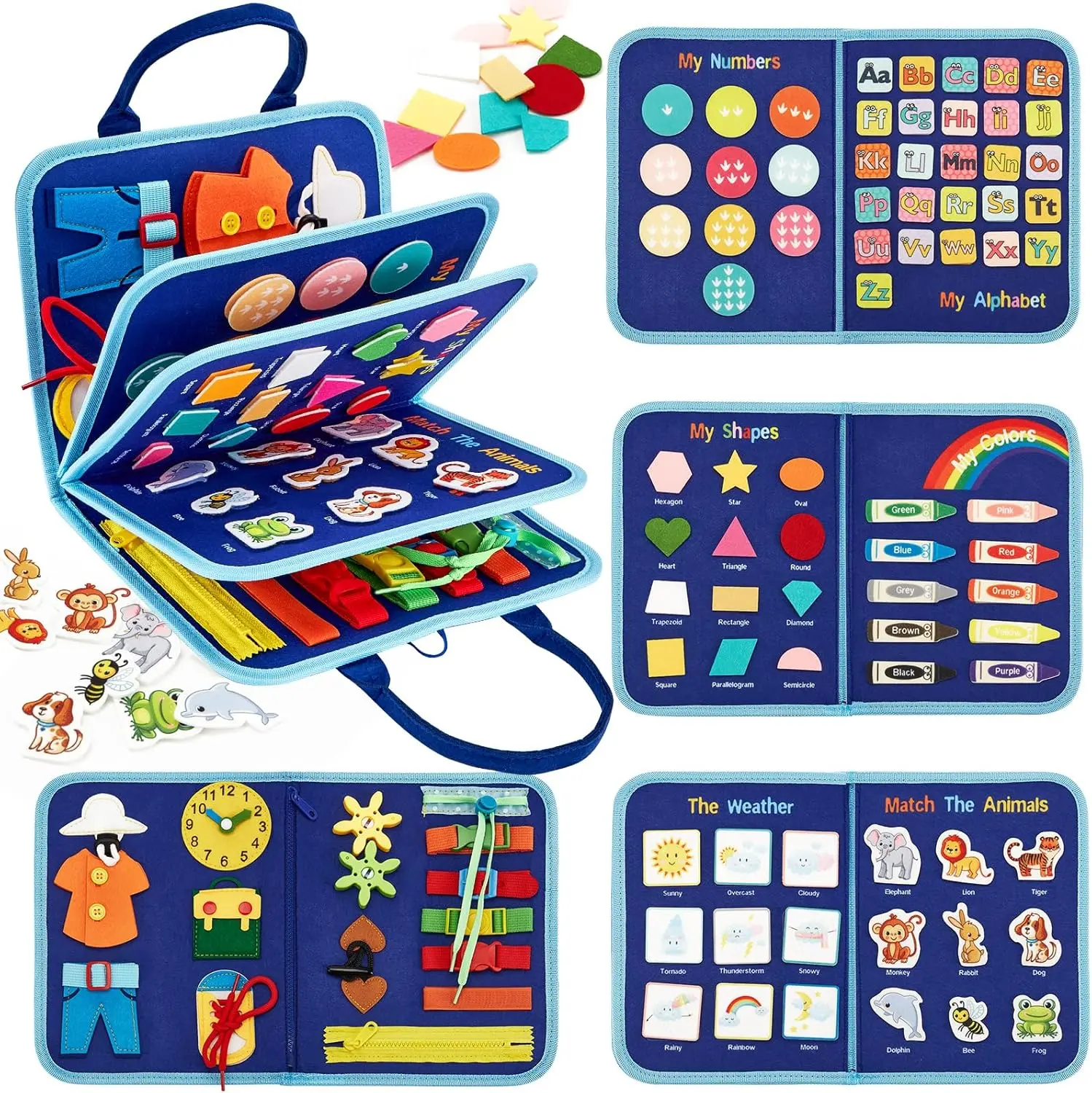 Montessori Busy Board for Toddlers, Preschool Learning Activities | Life Skills, Alphabet, Number, Shape, Color, Animal, Weather, Toddler Boy Learning Educational Busy Book Airplane Travel Toy