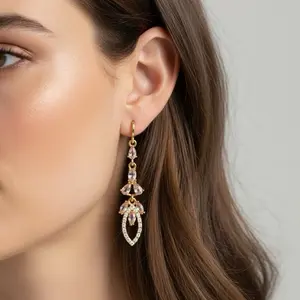 18k Gold Plated Long Elegant Earring for Women with Sparkling Stones and Dangle Design