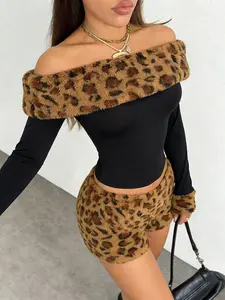 One Shoulder Top with Leopard Faux Fur Trim, Sleeve Cuffs, and Shorts, Retro Y2K Style, Chic, Fitted, Sexy Home Wear Sleepwear Set