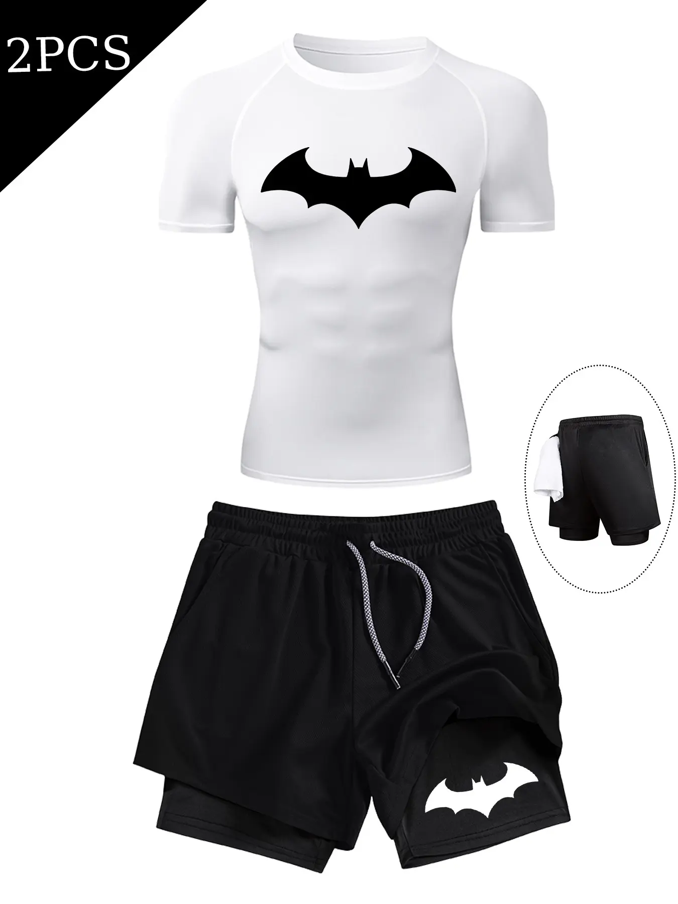 Men's Bat Print Quick-Dry Fitness Two-Piece Set, Round Neck High Stretch Tight Top, Drawstring Pockets Short Pants, Basketball Running Training Gear