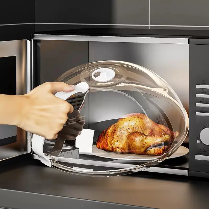 Transparent Plastic Round Food Grade Microwave Oven Cover - Wall-Mounted, Splashproof, Heat-Resistant, Oil-Sealed Lid with Top Steam Vent, Kitchen Cleaning Accessory, Fits Most Plates and Bowls
