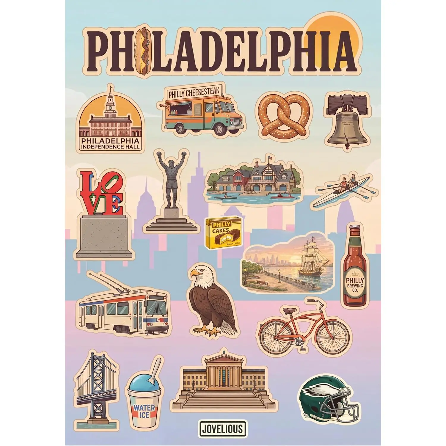 Philadelphia Sticker Sheet, A5 Matte Vinyl Kiss Cut Stickers, Designed in Brooklyn, Pennsylvania