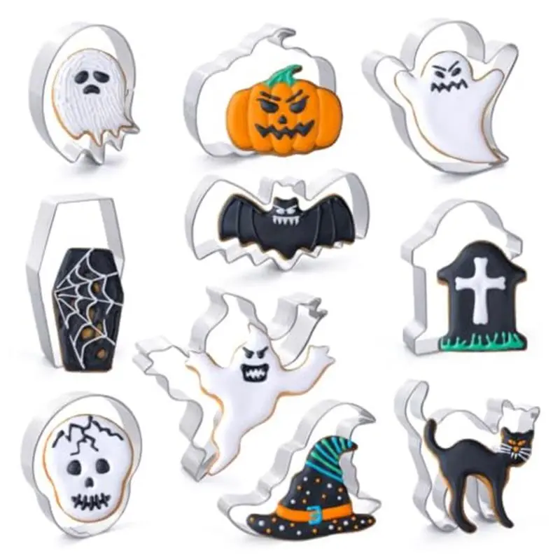 Halloween Cookie Cutters Set 10Pieces - Bat, Ghost, Pumpkin, Cat, Witch's Hat, Skull, Coffin, Tombstone, Metal Cookie Cutters Shapes for Halloween Baking Decorations