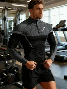 1 piece Men's Long-sleeve Tight-fitting Top with Half-zip and Stitched Texture, Functional Sportswear, Minimalist Hardcore Style, Elastic and Breathable Training Clothing, Suitable for Fitness Training and Street Wear