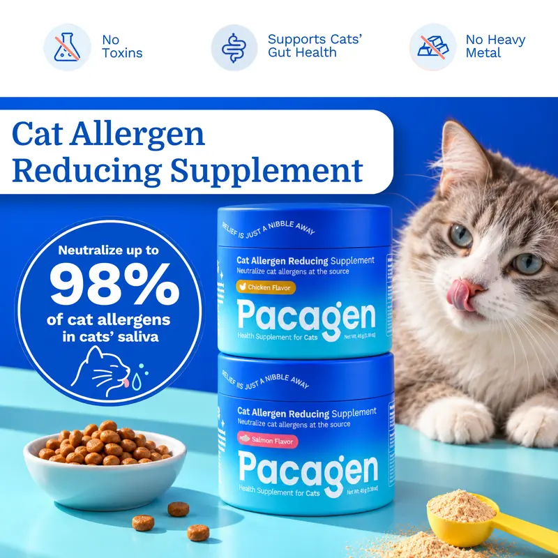 PACAGEN Cat Allergen Reducing Supplement, 2 Scoops/Day, 98% Active Removal, Allergist Recommended, Patent-Pending, Gut Health Aid, Immune Boost, Longevity Support