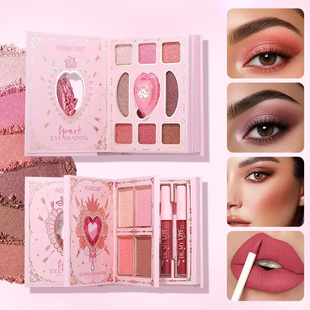 Pink Heart Decor Full Face Makeup Combo, 9 Neutral Eye Shades, 4 Cheek Tints, 4 Nude Matte Lip Gloss Portable Design
