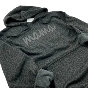 Mama Puff Black Leopard Hoodie Sweatshirt, Womens Leopard Sweatshirt, Leopard Print Shirt 3D Puff Screen Print Mama Hoodie Pullover Mom Gift_51 Cotton Soft Lady