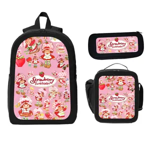 Strawberry Shortcake Cute Cartoon Strawberry Print Backpack Large Capacity Trendy for School Travel Trend with Lunch Box and Pencil Case for Boys Girls Stylish for Kids Teens