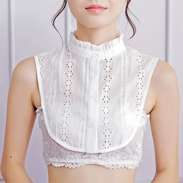 White Ruffled Stand Collar Dickey Insert, Cotton Hollow Eyelet Embroidery Detachable Fake Collar for Sweater Coat Blouse Decor