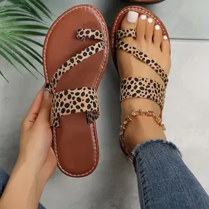 [Leopard Print Flat Slides] Women's Leopard Print Flat Slides, Fashion Toe Loop Open Toe Slide Sandals, Summer Beach Slide Shoes