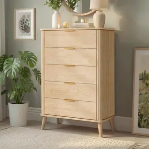 ADORNEVE 5-Drawer Fluted Tall Modern Dresser - Wood Vertical Chest of Drawers, Closet Clothes Storage Organizer for Bedroom, Living Room