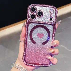 Electroplated Wave Magnetic Phone Case with Heart Glitter Paper and Lens Film, Wireless Charging Support, Fashion Protective Cover, Protector for iPhone 13/14/15/16/17 pro/pro max/plus