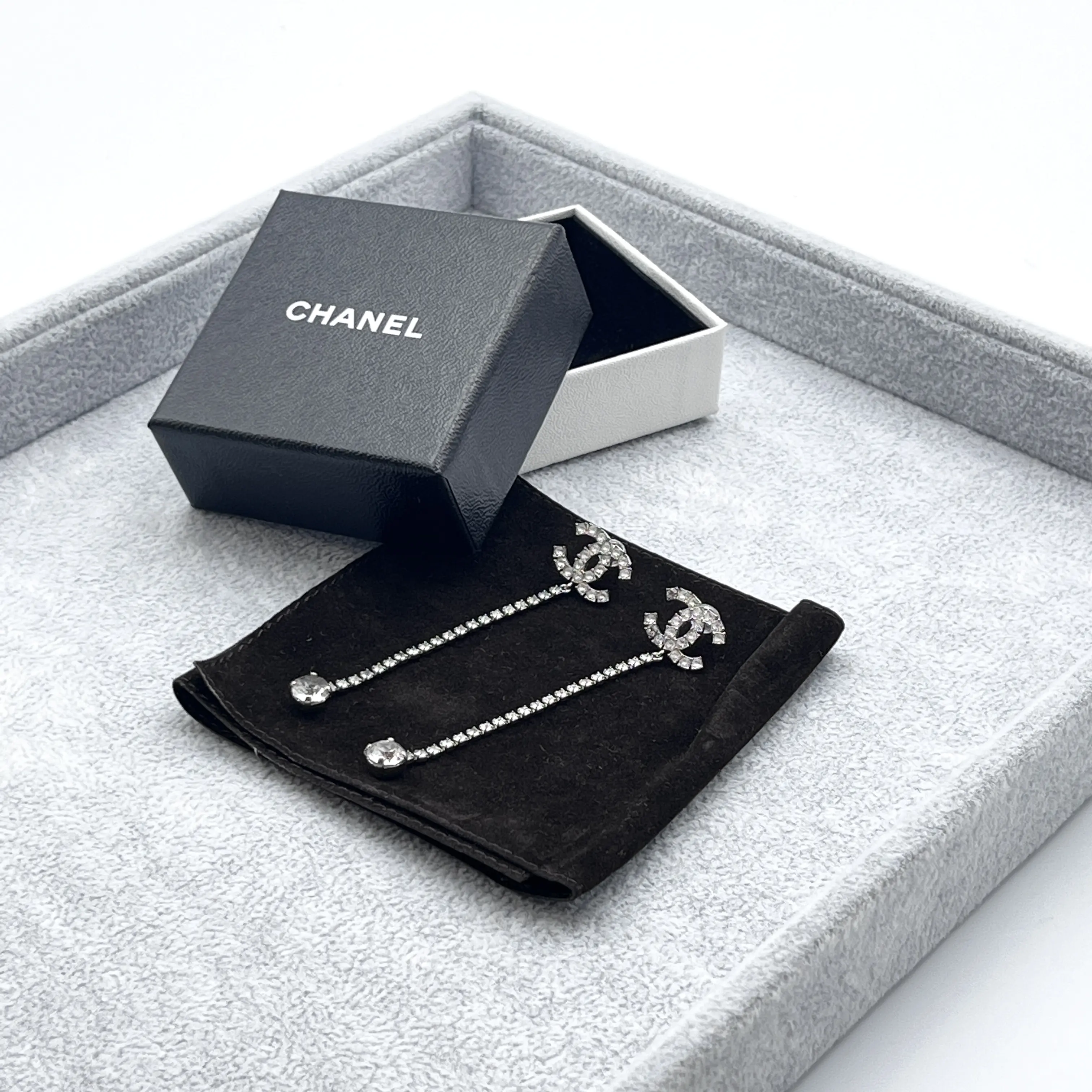 Pre-owned H5 CHANEL Double C Long Dangle Earrings, Fully Set with Rhinestones, Vintage Silver, vvvvv