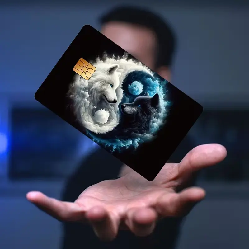 Yin Yang Wolves Credit Card Skin Sticker, Black White Wolf Card Cover, Spiritual Balance Debit Card Skin, Fantasy Bank Card Sticker