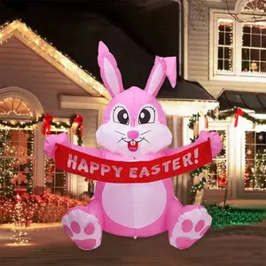5FT Adorable Easter Inflatable Bunny Holding a Banner Easter Bunny Inflatable Garden Decorations with LED Lights for Holiday Parties Indoor and Outdoor Decor