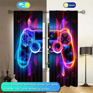 Modern Game Controller Print Curtains Set, Vibrant Neon Design, Semi-Transparent Polyester Fabric, Bedroom and Living Room Decor, Home Decoration Curtain, Privacy Protection