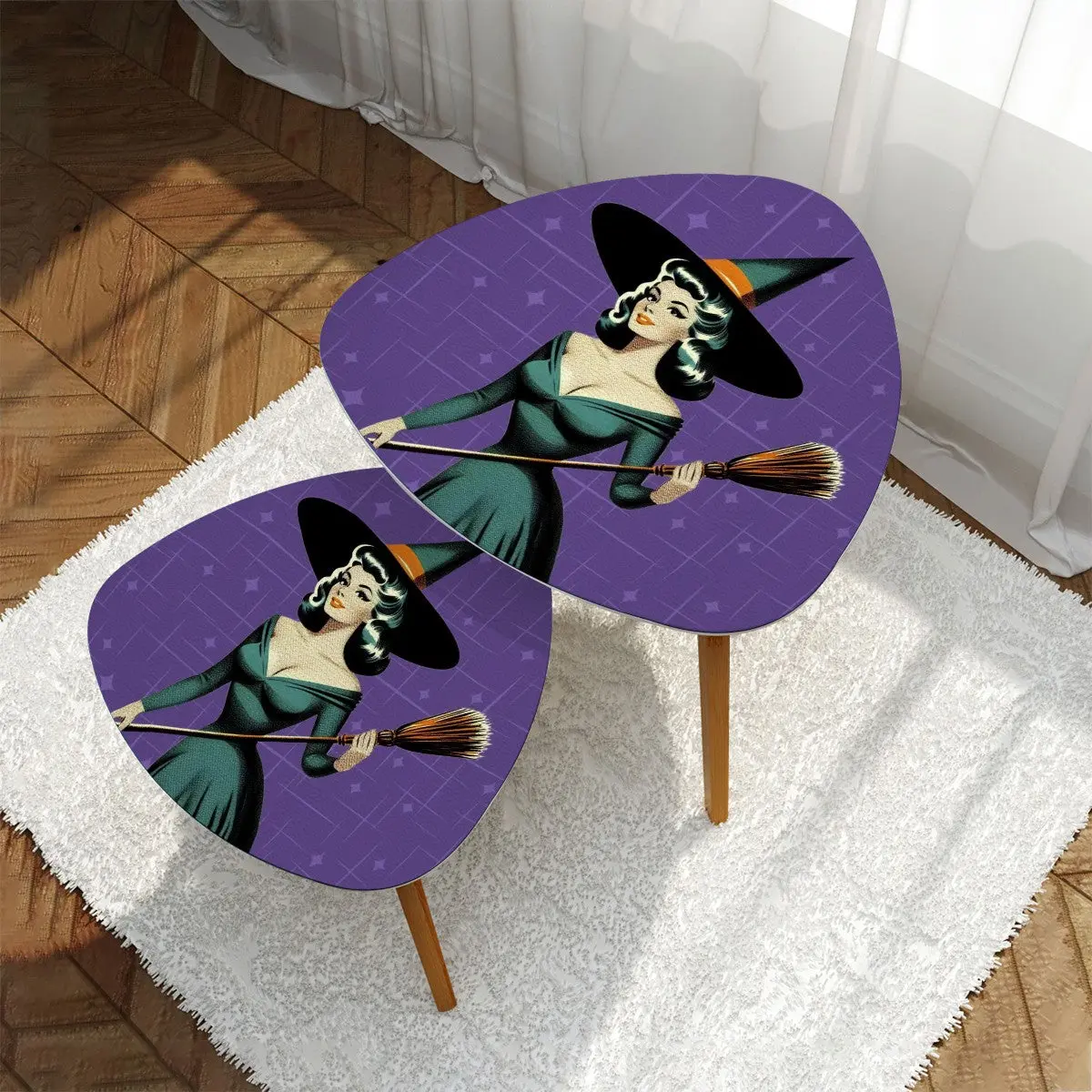 Mid Century Modern Vintage Pin Up Witch Purple Teal Halloween Nesting Tables