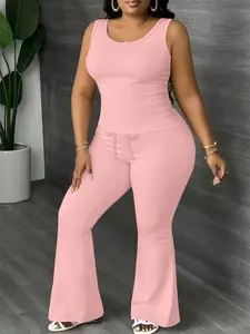 Women's Plus Size Plain Two-Piece Set Vest and Wide-Leg Pants, Comfortable Casual Sportswear Set for Sports and Office Wear, Activewear Set