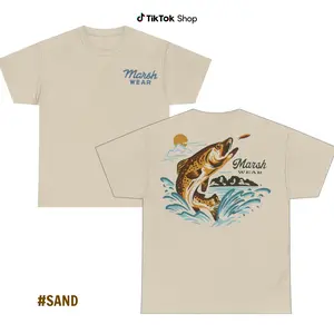 Marsh Wear Jumping Trout Graphic T-Shirt 2 Sided – Retro Fishing Scene for Anglers & Outdoor Enthusiasts, Crew Neck T-Shirt men  gifts