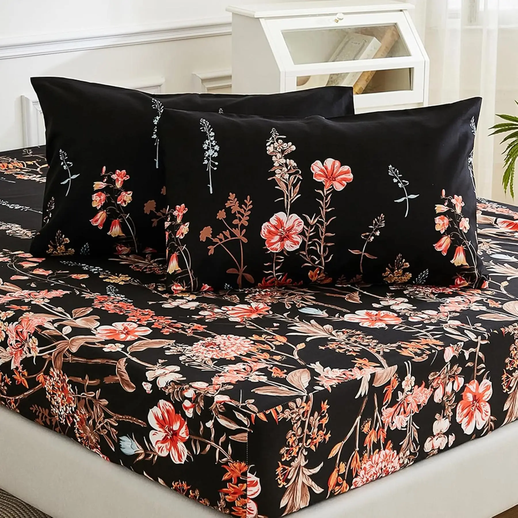Bedroom Decor 3 Counts Breathable Flower Print Soft Polyester Bedding Set Including Fitted Sheet and Pillowcase without Filler for Bedroom, Comfy Bed