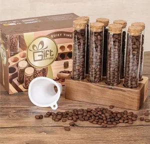 Giftamaz storage containers for coffee beans in one dose, hold tube, 6 storage jars of transparent borosilicate glass hermetic sealed with wooden stand, gift for coffee lovers