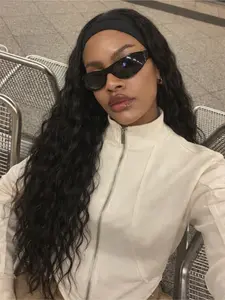 Black Headband Wigs for Black Women Deep Wave Headband Glueless Wig Long Curly 22 Inch Adjustable Nylon Velcro Strap Beginner Friendly Heat Resistant Synthetic Wig, Synthetic Machine Wigs, Everyday Wear Wig