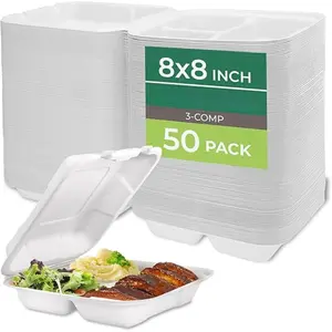 Eco-Friendly 8x8 Inch Clamshell Food Containers 3-Compartment 50-Pack Disposable Sugarcane Biodegradable Microwave & Freezer Safe Stackable To Go Boxes Plaid Design