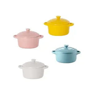 Double Ear Ceramic Baking Bowl Set with Lid, Heat Resistant, Four Colors Available, Ideal for Individual Portions, Egg Custard Pudding Caramel Pudding