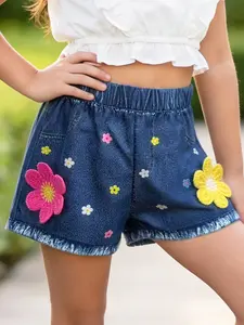 Girls Faux Denim Cute Shorts with Large Flower Appliques Floral Printed Summer Bottoms Faux Pocket Elastic Waist Soft Fabric Sport Daily Wear