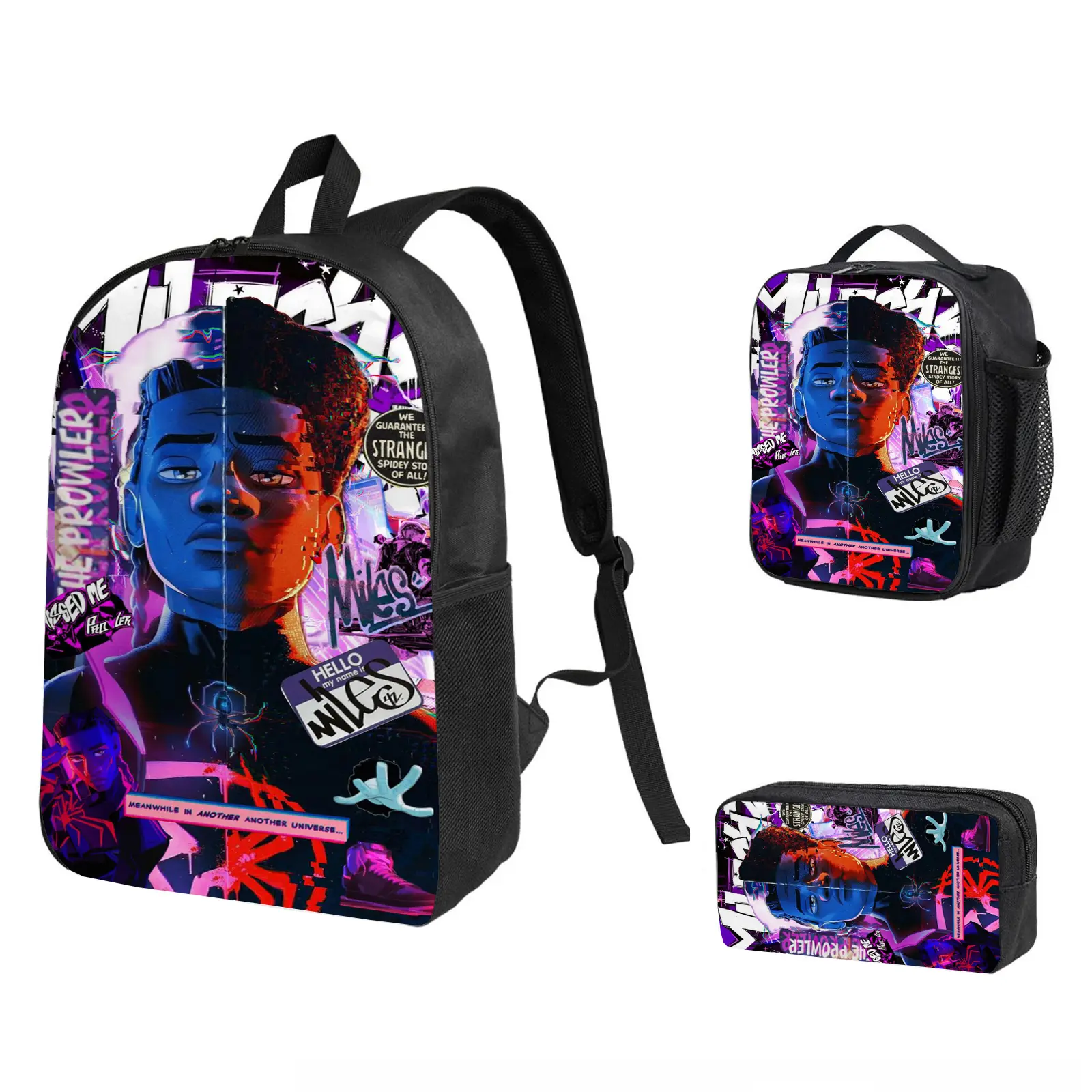 Miles Morales Backpack 3-Piece Combo, School Bookbag with Insulated Lunch Bag & Pencil Case for Kids Teens Boys Girls, Cool Laptop Travel Daypack Back to School Gift for Fans b-129