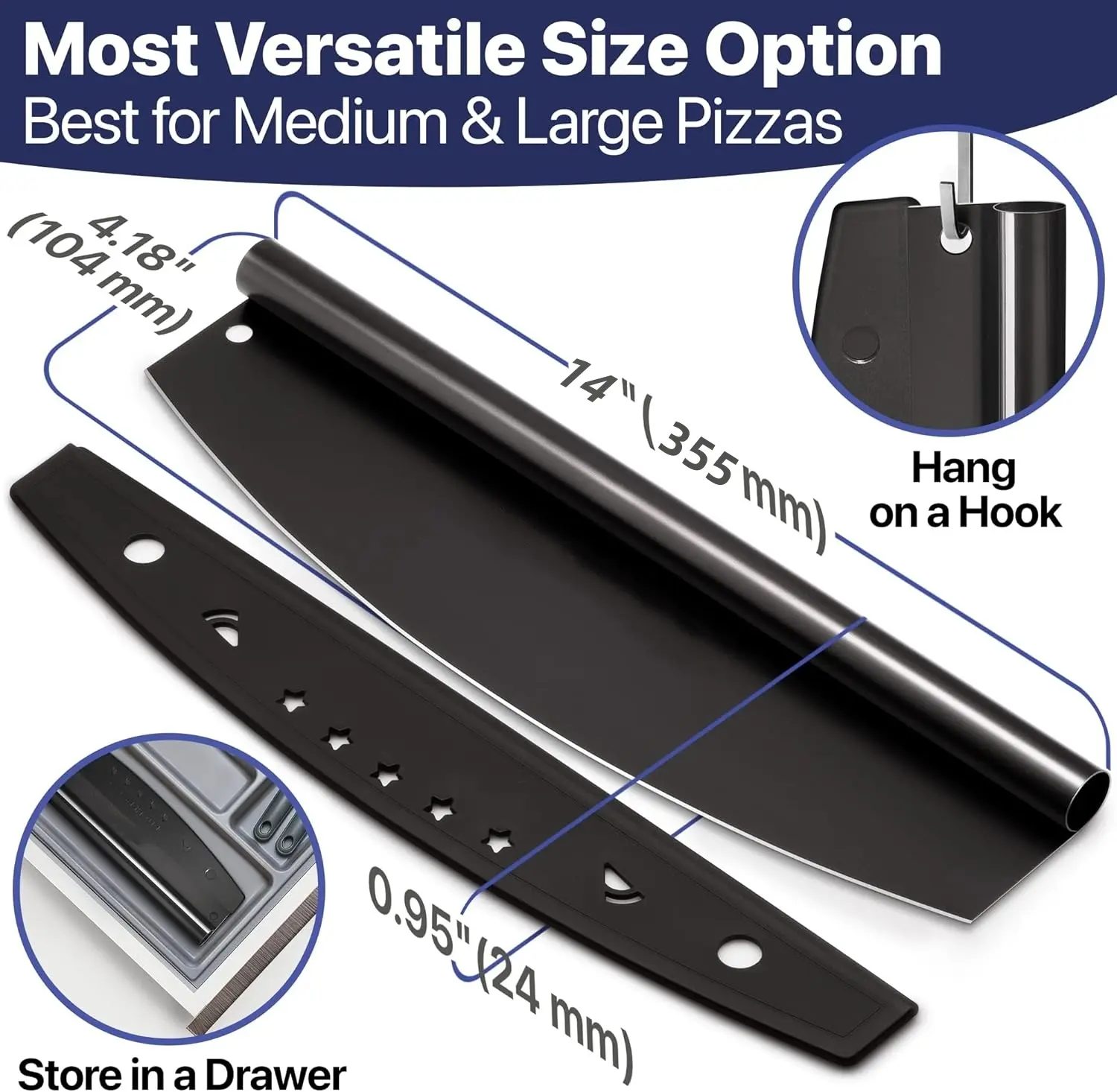 Pizza Cutter Rocker Blade - Sharp Stainless Steel Slicer Knife, Protective Cover, Dishwasher Safe, Large - Professional Pizza Oven Accessories