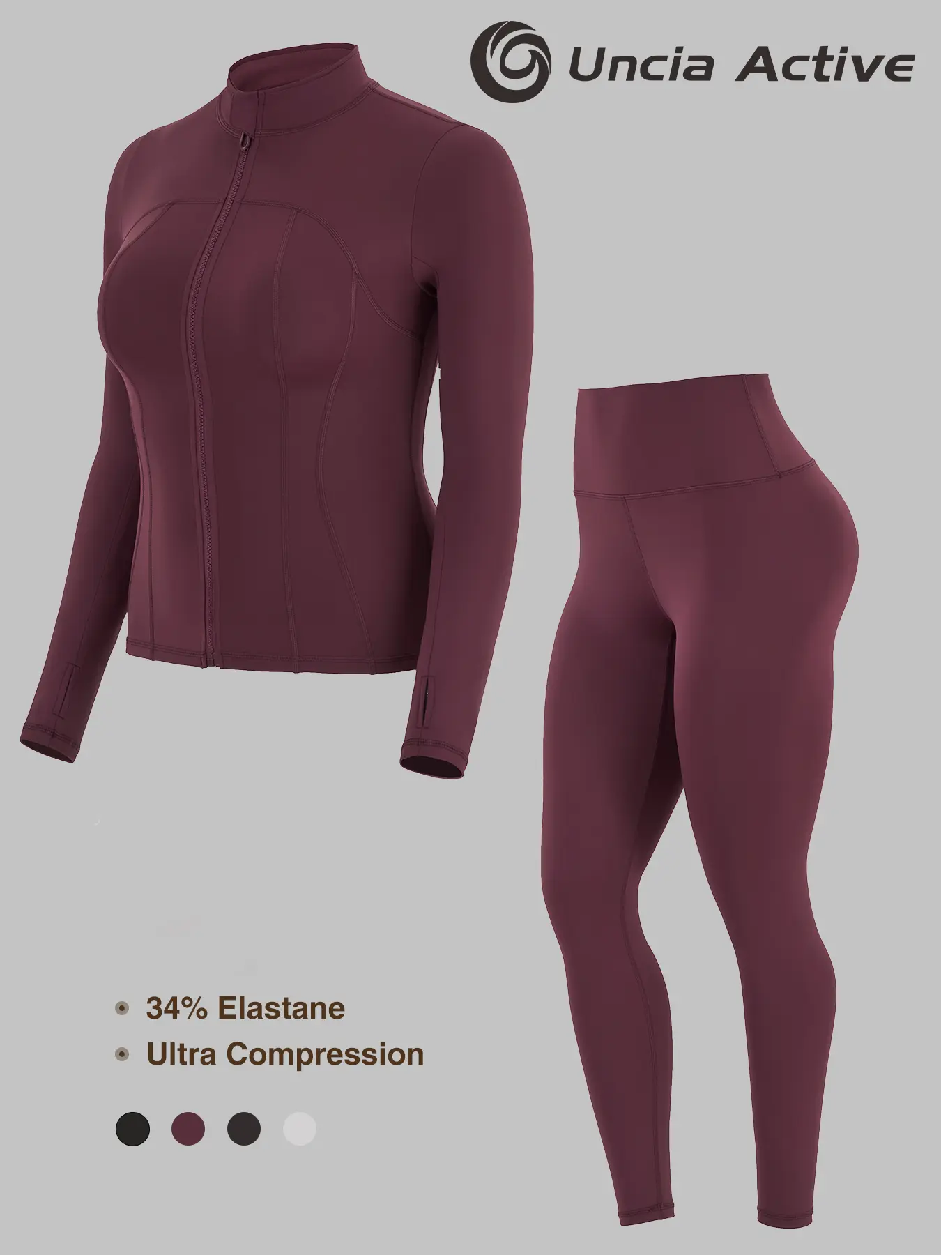 Uncia Active Women's 2-Piece Ultra Compression Full-Zip Athletic Jacket & High-Waist Compression Legging Outfits for Women, Elastane Blend Females Workout Activewear 2 Piece Sets