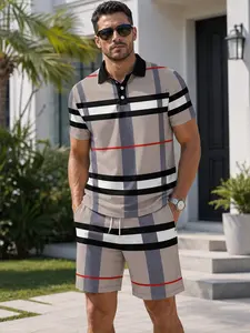 High-Quality New Men's Plaid Colorblock Business Casual Polo Shirt Set, Short Sleeve Top and Shorts, Summer Daily Commute Fashion Comfortable
