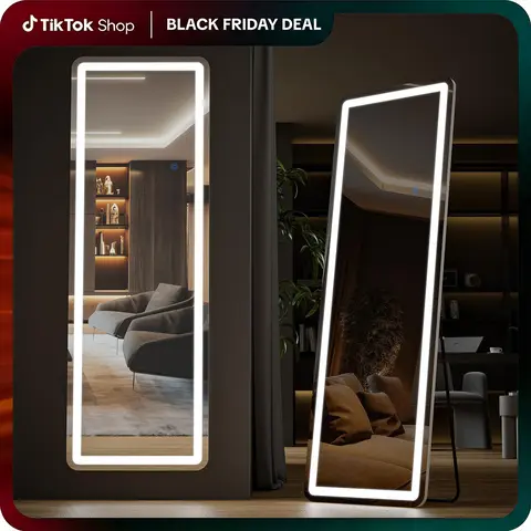 Sweetcrispy Floor Mirror Stand Mirror Full Length with LED Lights, Floor Mirror Dimming & 3 Color Lighting