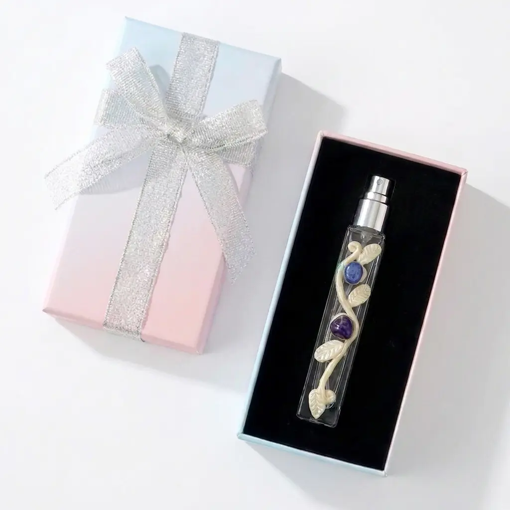 Refillable Perfume Spray Bottle with Natural Amethyst Crystals in Pastel Gift Box, Vintage Handcrafted Vine Glass Fragrance Atomizer for Essential Oils Travel, Portable Beauty Container Gift for Women