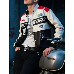 DESIGUN Men's Racing Suit Jacket Motorcycle Vintage American Style Loose Fit Stand-up Collar Fashionable Design