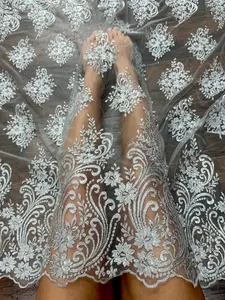 Silver Scalloped Embroidered Floral Lace