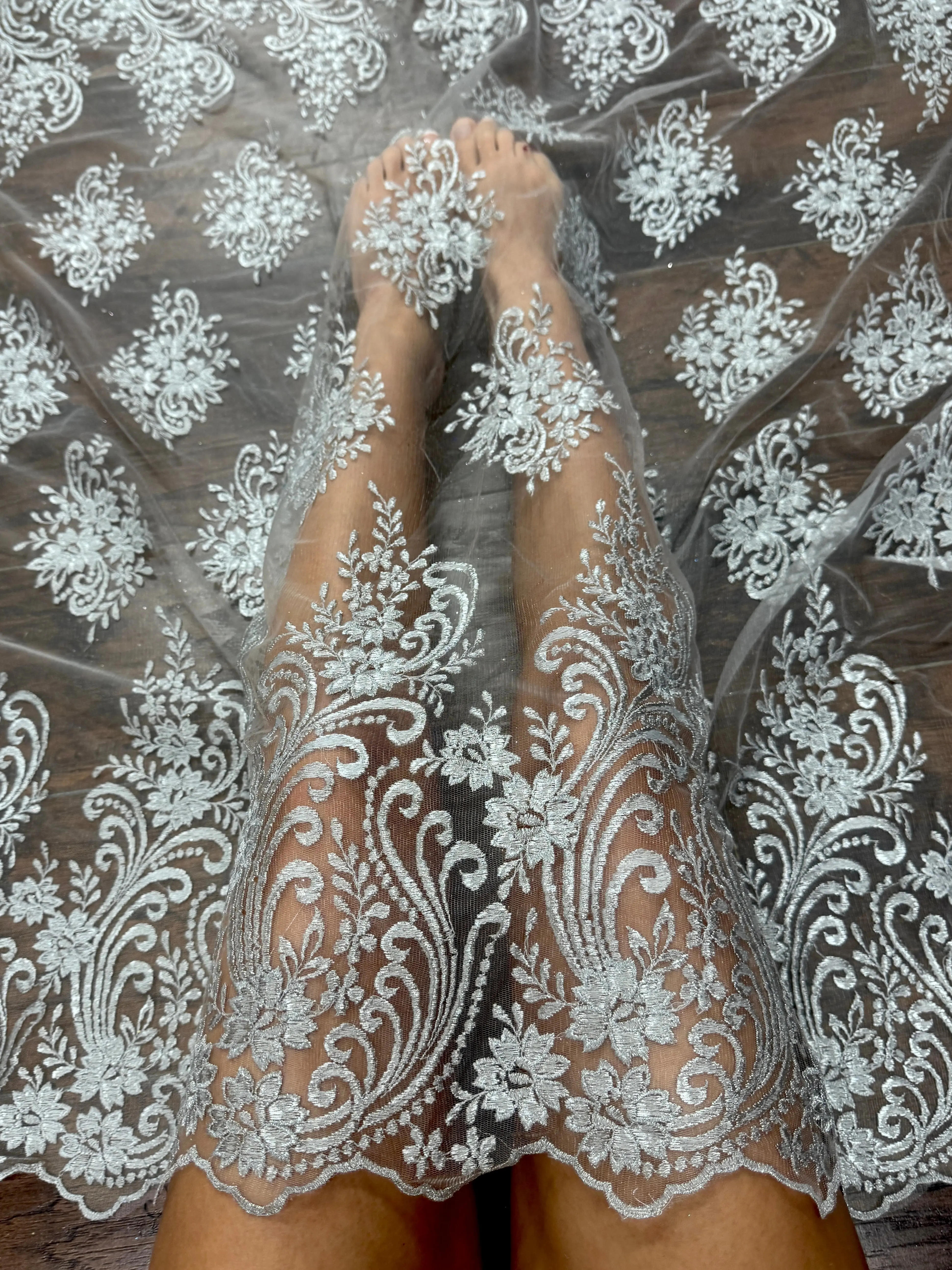 Silver Scalloped Embroidered Floral Lace