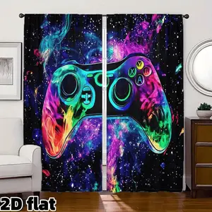 2D Flat 2Pcs Galaxy Gaming Controller Curtains Colorful Nebula Space Design Rod Pocket Panel Semi Sunshade Modern Gamer Room Decor for Living Room Bedroom Game Room Home Theater Window Treatment Privacy Protection