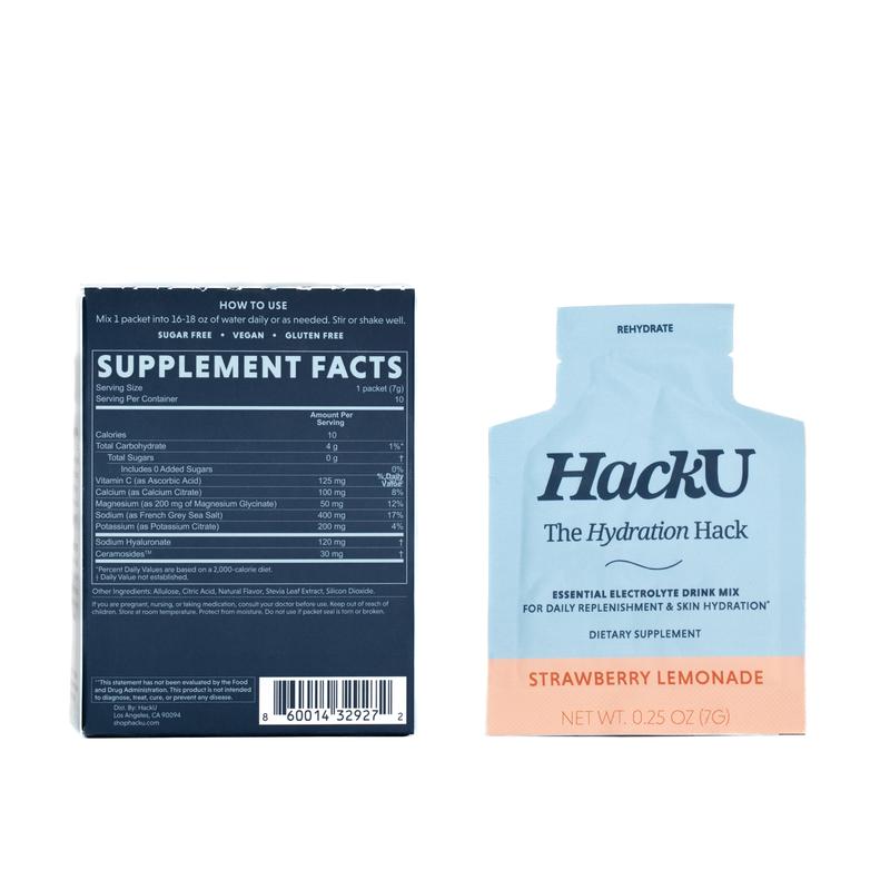 HackU The Hydration Hack Strawberry Lemonade Essential Electrolyte Drink Mix for Daily Replenishment & Skin Hydration Sugar-Free Bloat-Free