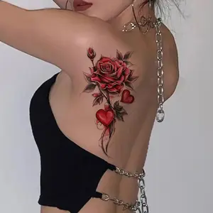 12 Sheets Temporary Tattoos For Women, Realistic Red Flower Half Arm Sleeve Tattoos, Waterproof Long Lasting Fake Tattoos, Semi Permanent Sexy Floral Body Stickers For Adults