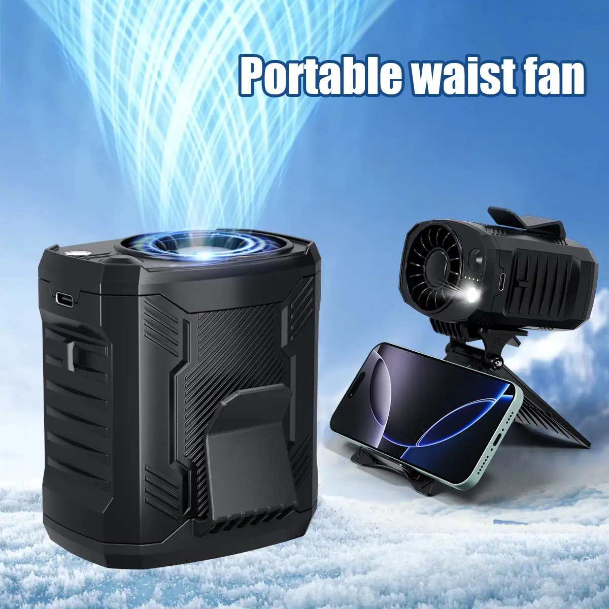 COZOME Portable Waist Fan Rechargeable With stand,4 Speeds Strong Airflow Small Fan Waist,Weight reduction design,for Travel Camping Outdoor Jobsite,C